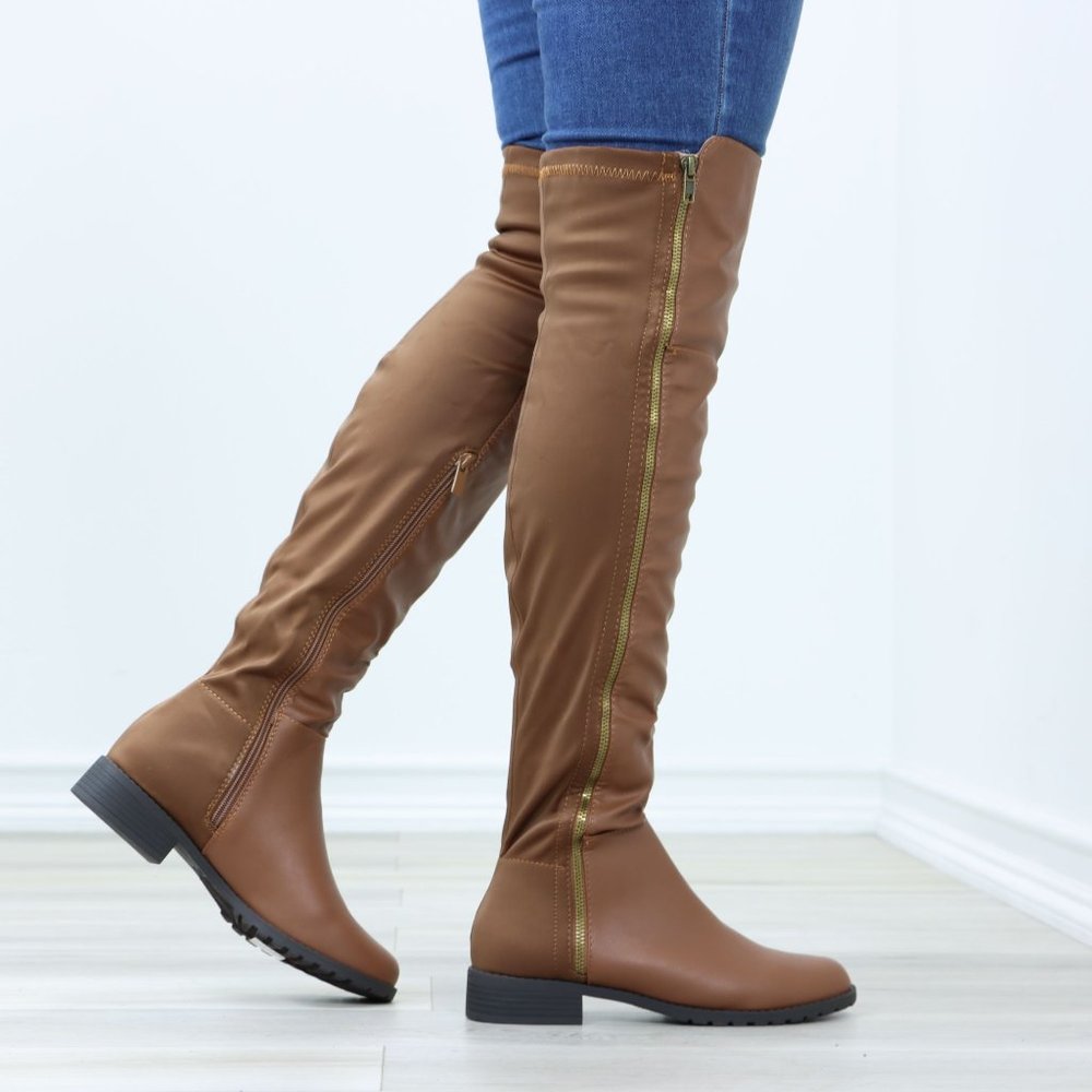Tan Thigh High Over The Knee Faux Leather & Stretchy Material Low Heel Boot_14